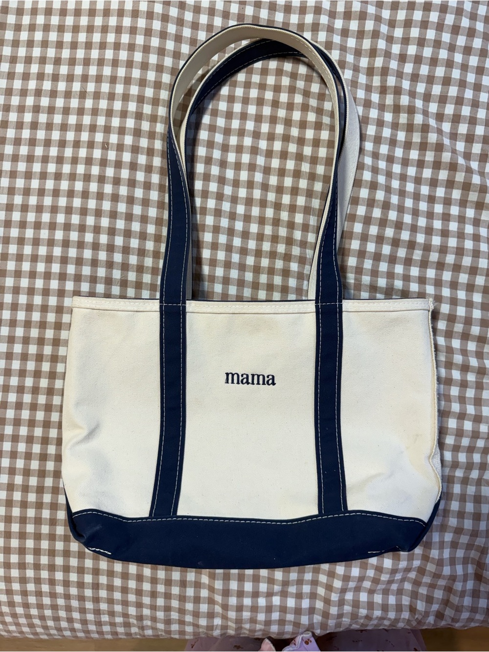 LLBean Boat&Tote 'Mama' Embroidered Bag in Cream and Navy